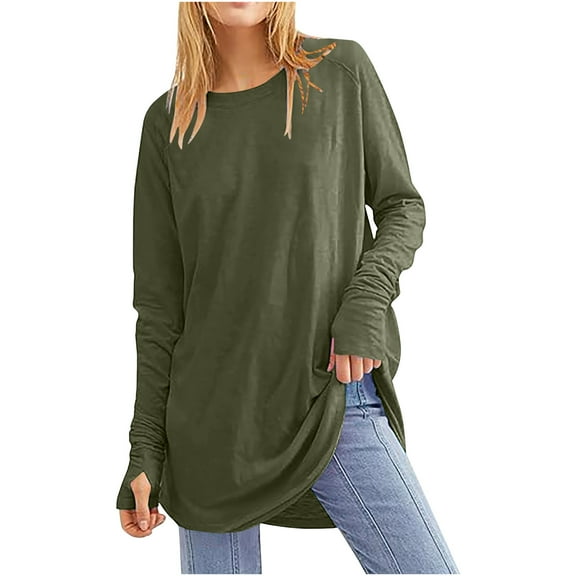 Abomasnow Women's Casual Long Sleeve Tunic Tops Fall Lightweight Solid Pullover Tops Loose Fit Crew Neck Round Hem T-Shirts with Thumb Holes