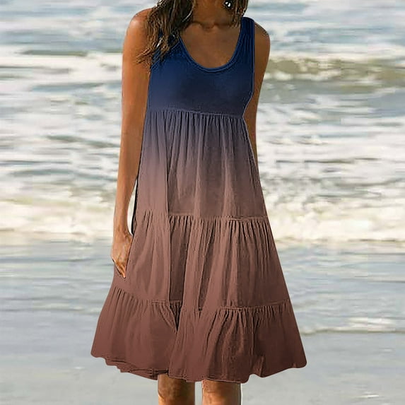 Abomasnow Women's Casual Sleeveless Crew Neck Tank Dress Tiered Flowy Loose Maxi Long Dress Gradient Color Dresses Vacation Holiday Beach Sundresses