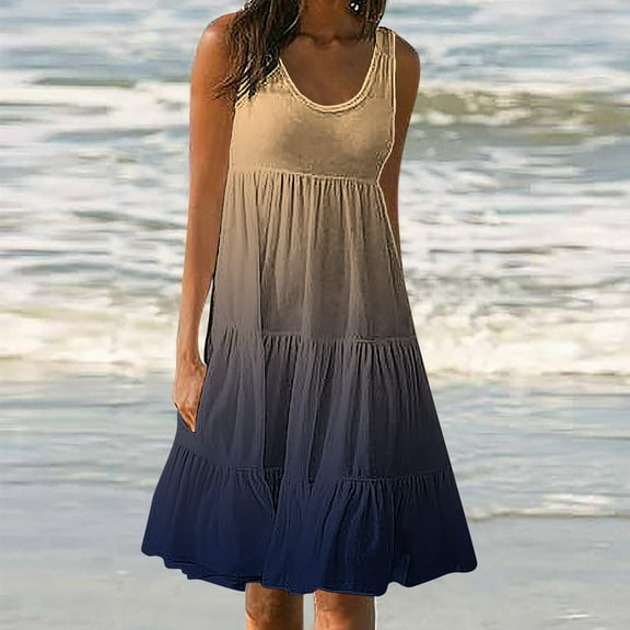 Abomasnow Women's Casual Sleeveless Crew Neck Tank Dress Tiered Flowy Loose Maxi Long Dress Gradient Color Dresses Vacation Holiday Beach Sundresses