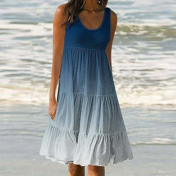 Abomasnow Women's Casual Sleeveless Crew Neck Tank Dress Tiered Flowy Loose Maxi Long Dress Gradient Color Dresses Vacation Holiday Beach Sundresses