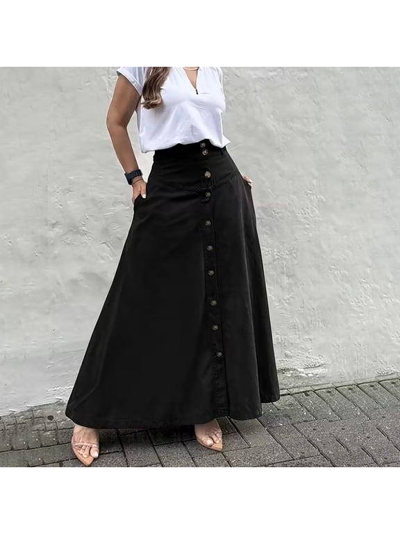 Women's Causal High Waist A-Line Skirt Trendy Maxi Length Front Button Down Split Long Skirt with Pockets