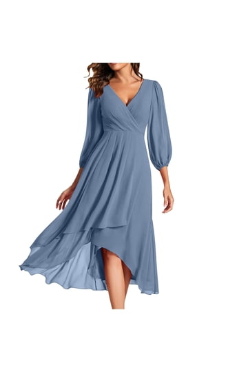 slate blue bridesmaid dresses with sleeves Zapaka Women Grey Blue Bridesmaid Dress with Slit A Line Chiffon Long  Wedding Guest Dress with Puff Sleeves