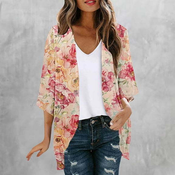 Abomasnow Women's Chiffon Kimono Cardigans Blouses Summer Boho Floral Printed Tropical Hawaiian Outfits Lightweight Beach Cover Ups for Women