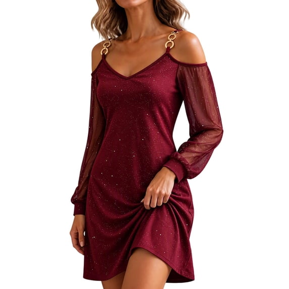 Abomasnow Women's Cold Shoulder V Neck Mini Dress Long Sheer Mesh ...