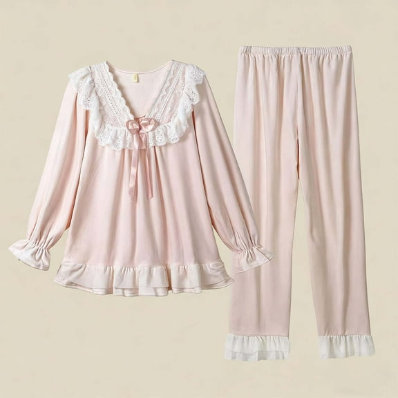 Abomasnow Women's Cotton Pajama Set 2 Piece Long Sleeve Lounge Set Vintage V Neck Lace Trim Victorian Top Pants Nightgown