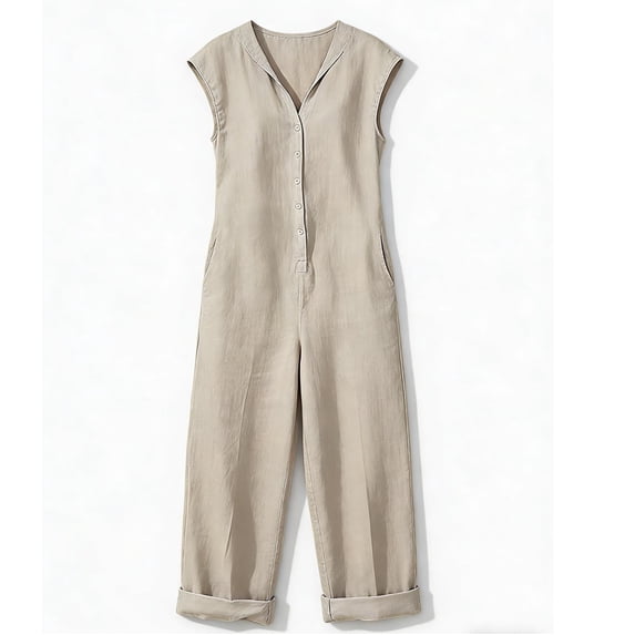 Abomasnow Women's Cotton and Linen Jumpsuits Button Down Sleeveless Wide Legs Rompers Casual Loose Overall with Pockets