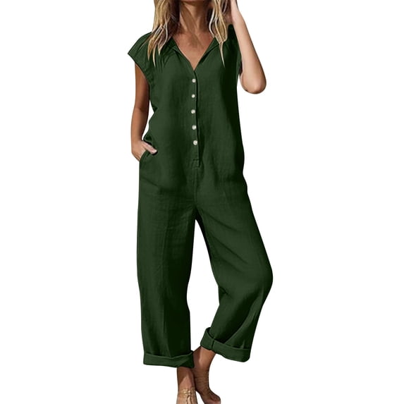 Abomasnow Women's Cotton and Linen Jumpsuits Button Down Sleeveless Wide Legs Rompers Casual Loose Overall with Pockets