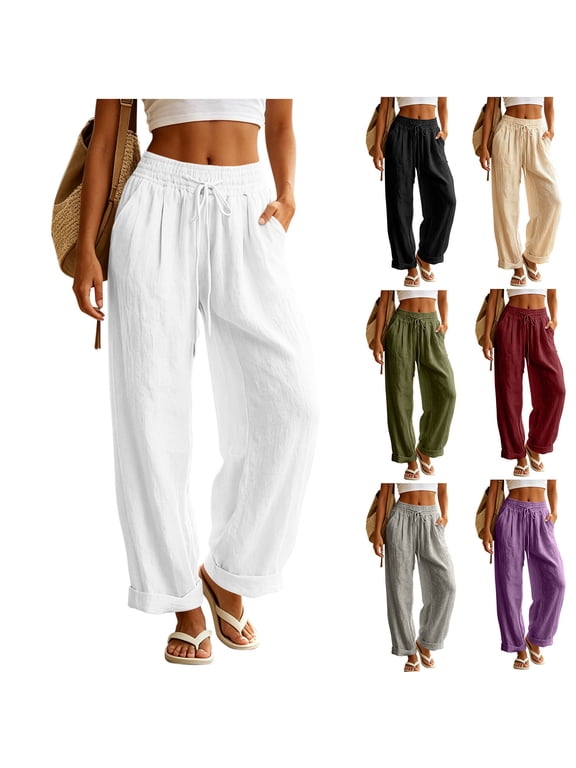 Women's Cotton and Linen Pants Elastic High Waist Drawstring Wide Leg Pants Casual Loose Fit Beach Vacation Trousers with Pockets