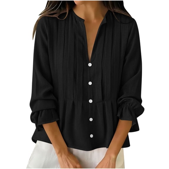 Abomasnow Women's Cotton and Linen Shirts Button Down Puff Long Sleeve V-Neck Shirts Textured Work Office Dressy Casual Tops
