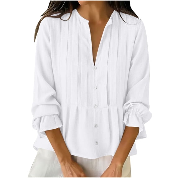 Abomasnow Women's Cotton and Linen Shirts Button Down Puff Long Sleeve V-Neck Shirts Textured Work Office Dressy Casual Tops