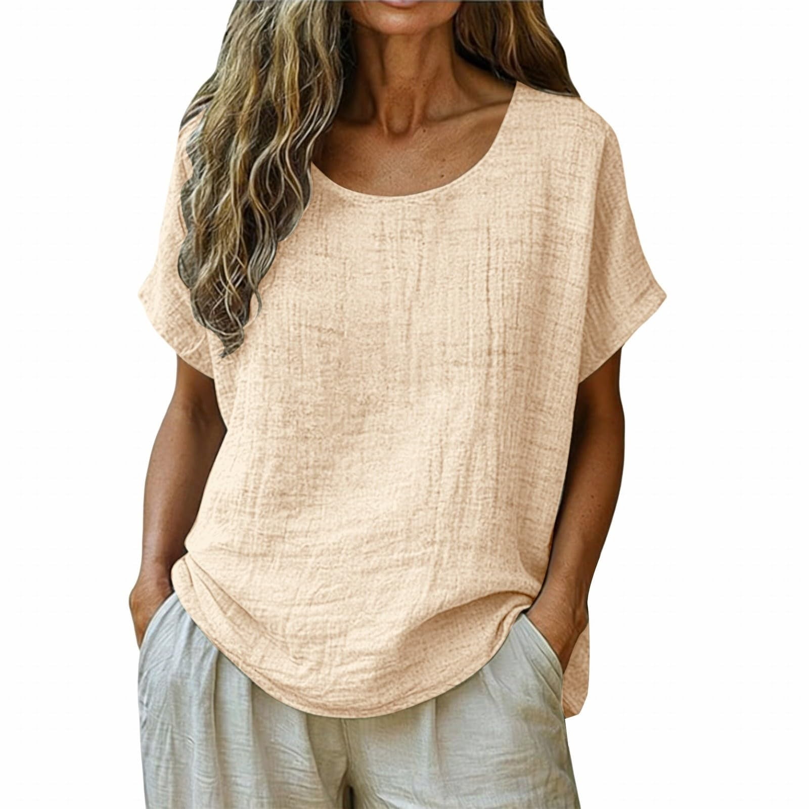 Abomasnow Women's Cotton and Linen Shirts Short Sleeve Crewneck Loose T ...