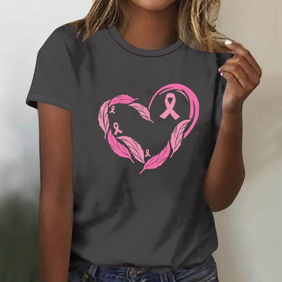 Abomasnow Women's Crew Neck Breast Cancer Awareness T-Shirt Casual Heart Pink Ribbon Graphic Short Sleeve Shirt Breast Cancer Fighter Pullover Tops