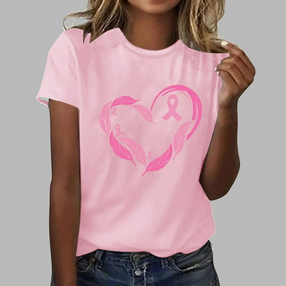 Abomasnow Women's Crew Neck Breast Cancer Awareness T-Shirt Casual Heart Pink Ribbon Graphic Short Sleeve Shirt Breast Cancer Fighter Pullover Tops
