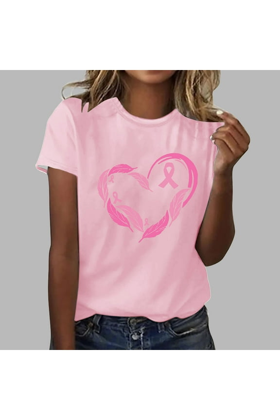 Women's Crew Neck Breast Cancer Awareness T-Shirt Casual Heart Pink Ribbon Graphic Short Sleeve Shirt Breast Cancer Fighter Pullover Tops