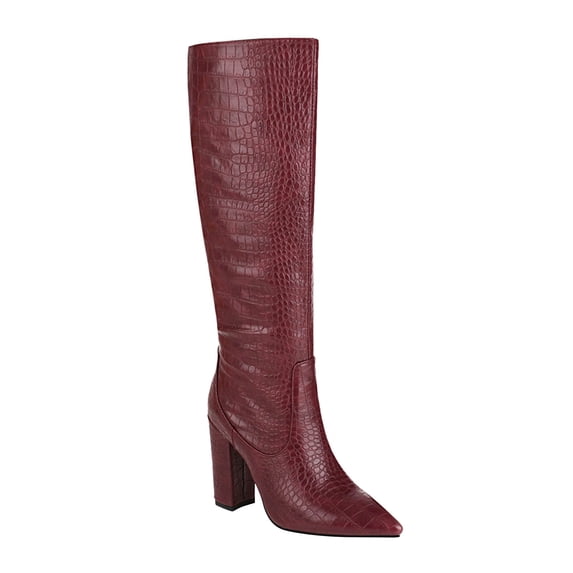 Abomasnow Women's Crocodile Embossed PU Knee High Boots with Pointed Toe and Block Heel for Dressy Occasions