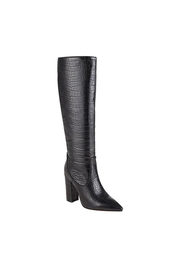 Women's Crocodile Embossed PU Knee High Boots with Pointed Toe and Block Heel for Dressy Occasions