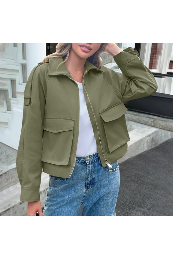 Women's Cropped Bomber Jackets Lightweight Zip Up Lapel Collar Long Sleeve Short Jacket with Pockets S-XL