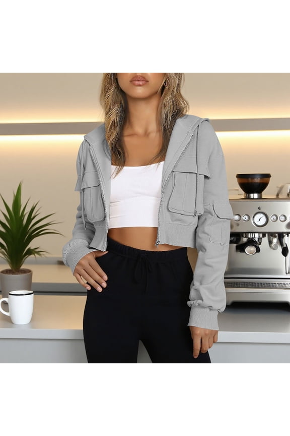 Women's Cropped Bomber Jackets Lightweight Zip Up Stand Collar Long Sleeve Short Jacket with Pockets