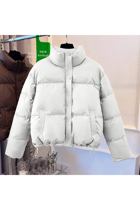 Women's Cropped Puffer Jacket Lightweight Zip Up Short Quilted Down Jackets Winter Long Sleeve Stand Collar Warm Outerwear