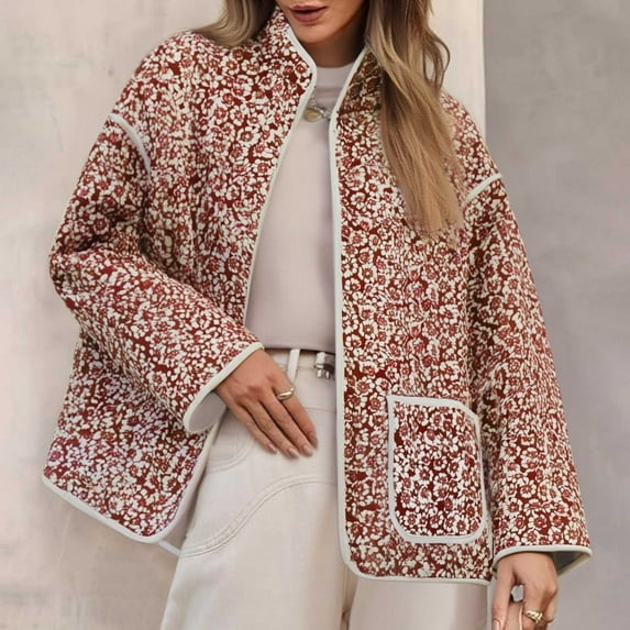 Abomasnow Women's Cropped Puffer Quilted Jacket Vintage Floral Print Open Front Cardigan Coats Lightweight Stand Collar Warm Short Jacket Outwear