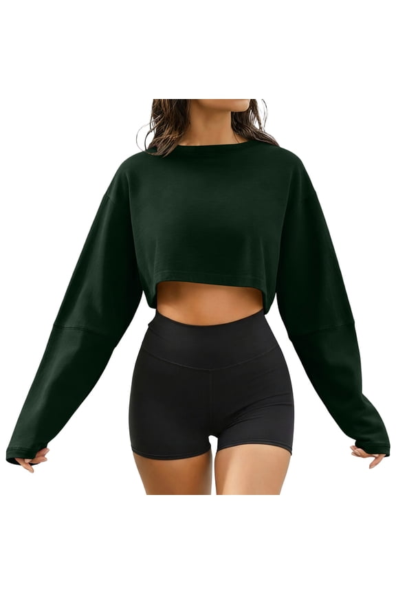 Women's Cropped Shirts Long Sleeve Crew Neck Pullover Sweatshirts Casual Cropped Loose Fit Workout Shirts