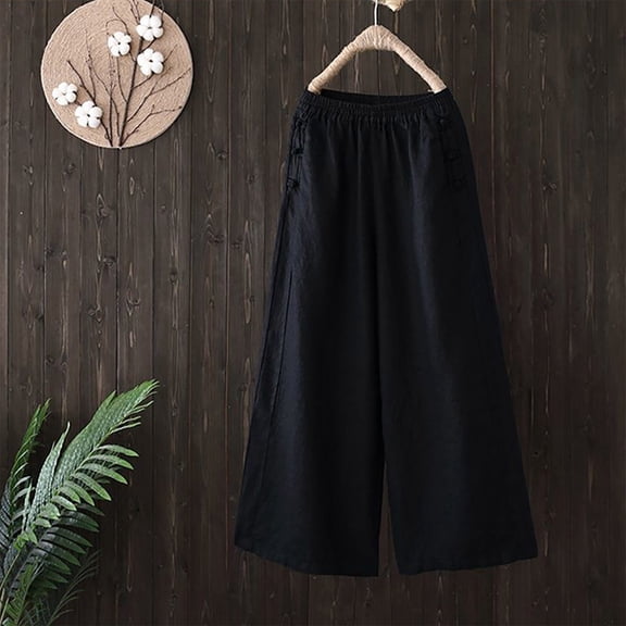 Abomasnow Women's Culottes Cotton Linen Cropped Wide Leg Pants Elastic Waist Casual Loose Fit Palazzo Capri Trousers with Pockets on Clearance
