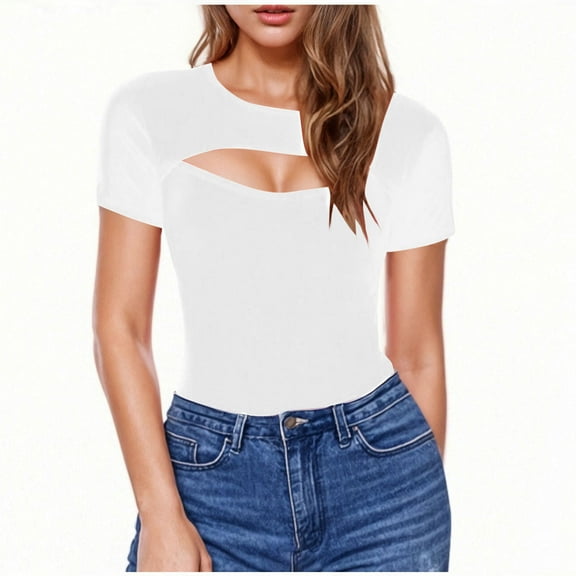 Abomasnow Women's Cutout Tops Basic Long Sleeve Round Neck Slim Fit T-Shirts