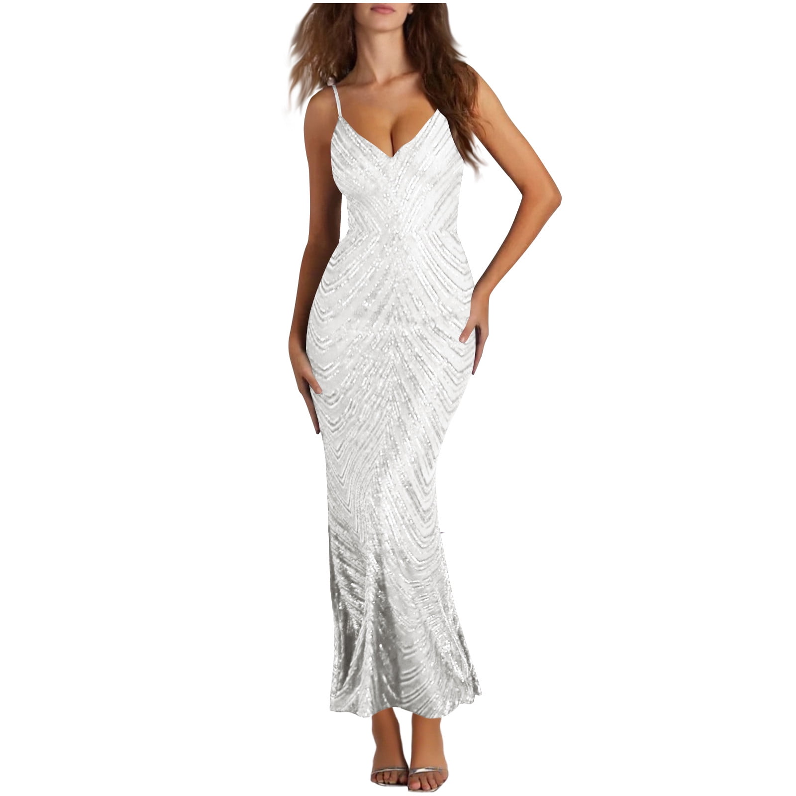 Sparkly V-neck Backless Wedding Gown, Sequins Prom Dress On Sale UK, OW314