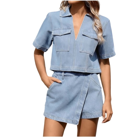 Abomasnow Women's Denim 2 Piece Outfits Short Sleeve Lapel V Neck Jean Tops and Asymmetrical Shorts Set Casual Summer Y2k Streetwear Matching Set with Pockets