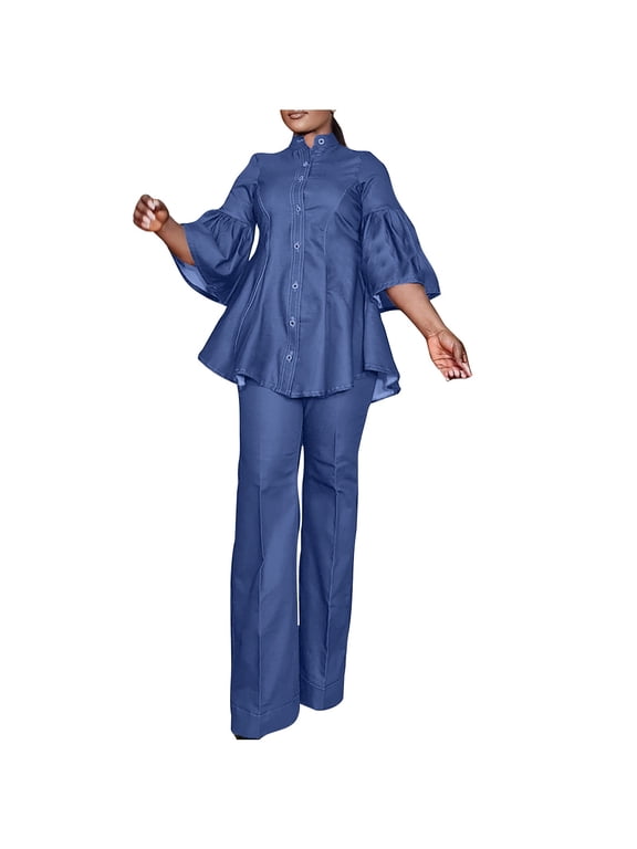 Women's Denim Blazer Set 2 Piece Outfits Flared Sleeve Button Down Shirt and Straight Long Pants Clubwear