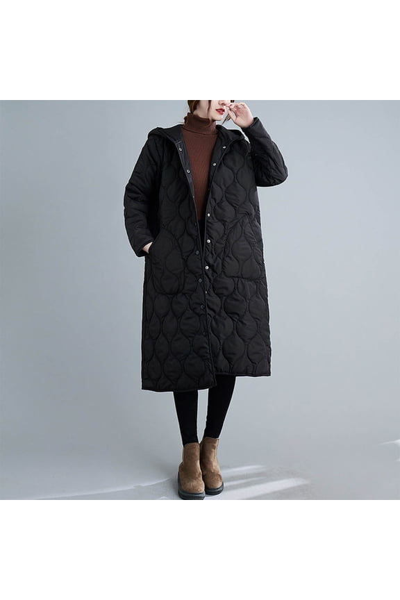 Women's Diamond Quilted Jacket Button Down Hooded Long Jackets Lightweight Padding Down Coat with Pockets