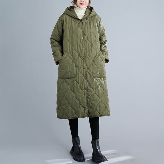 Abomasnow Women's Diamond Quilted Jacket Button Down Hooded Long Jackets Lightweight Padding Down Coat with Pockets