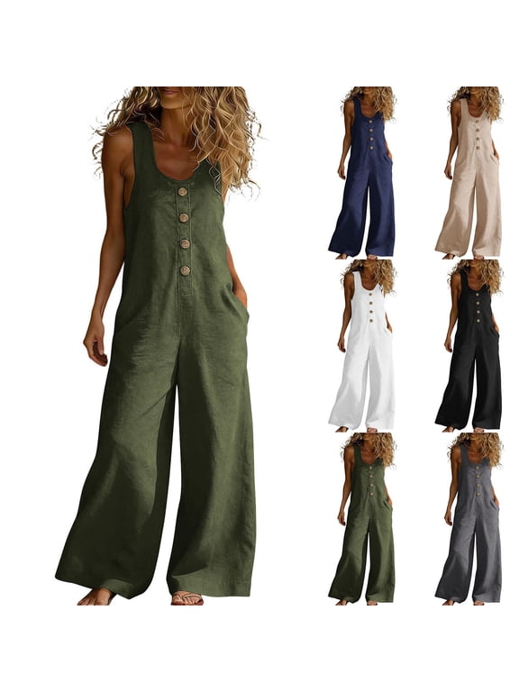 Women's Dressy Jumpsuits Button Down Sleeveless V-Neck Wide Leg Rompers Work Office Casual Loose Beach Vacation Overall Pants with Pockets