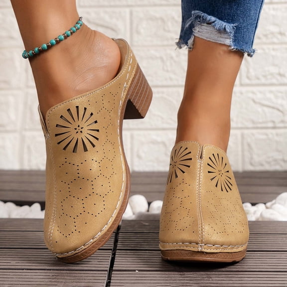 Abomasnow Women's Embroidered Platform Chunky Heel Clogs Retro Slip On Comfort Mules Closed Round Toe Heeled Slides Sandals