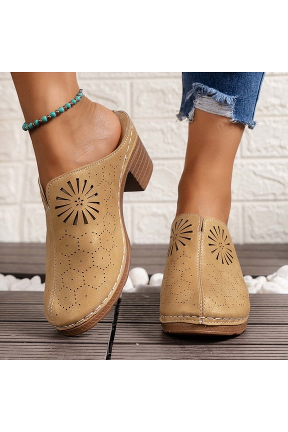 Women's Embroidered Platform Chunky Heel Clogs Retro Slip On Comfort Mules Closed Round Toe Heeled Slides Sandals