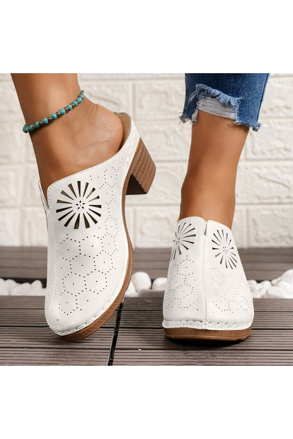 Women's Embroidered Platform Chunky Heel Clogs Retro Slip On Comfort Mules Closed Round Toe Heeled Slides Sandals