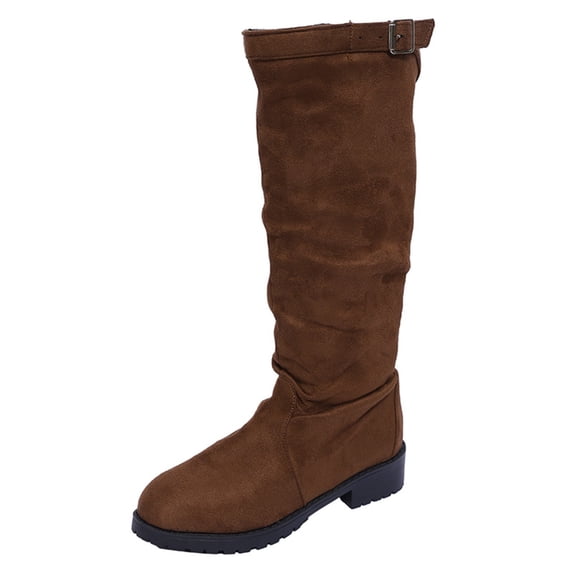 Abomasnow Women's Flock Knee High Boots Adjustable Buckle Strap Round Toe Low Block Heel Pull On Tall Boots for Street Casual Fall Winter Daily Outdoor Wear