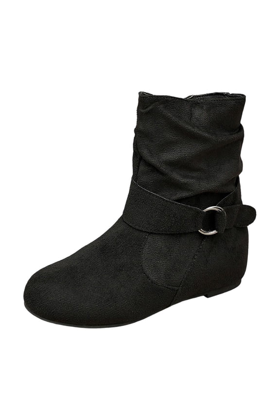 Women's Flock Slouch Mid‑Calf Boots Metal O‑Ring Buckle Strap Decor Round Toe Back Zipper Closure Flat Low‑Profile Casual Short Boots for Everyday Street Style