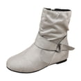 thumbnail image 1 of Abomasnow Women's Flock Slouch Mid‑Calf Boots Metal O‑Ring Buckle Strap Decor Round Toe Back Zipper Closure Flat Low‑Profile Casual Short Boots for Everyday Street Style, 1 of 9