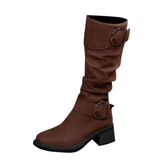 Abomasnow Women's Flock Slouch Mid Calf Boots with Double Buckle Side Zipper and Block Heel for Retro Casual Wear