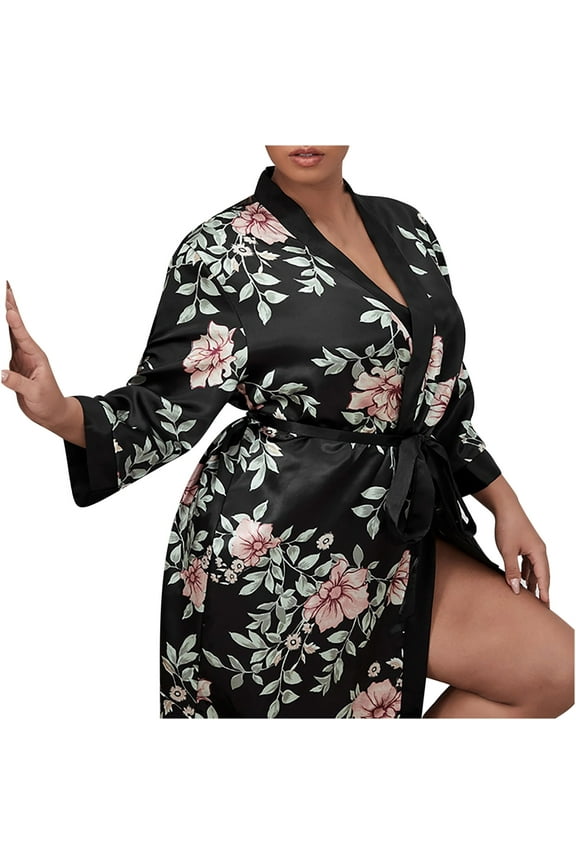 Women's Floral Long Satin Robes Plus Size Long Silk Robes Peacock Floral Kimonos Sleepwear Dressing Gown