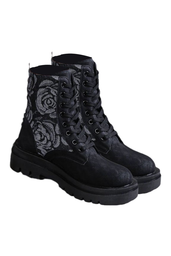 Women's Floral Pattern Lace Up Ankle Boots with Chunky Sole for Casual and Daily Wear
