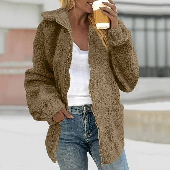 Abomasnow Women's Fuzzy Fleece Faux Shearling Coat Oversized Jacket with Hooded Winter Warm Full Zipper Outwear for Daily Use