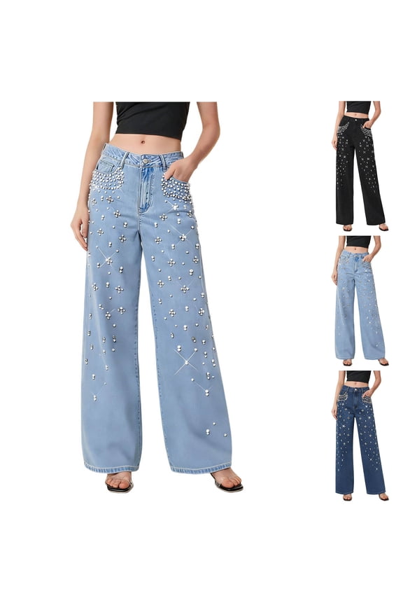 Women's Jeans Pants High Waisted Straight Wide Leg Pearl-Studded Shimmering Jeans Casual Soft Streetwear Baggy Pants with Pockets