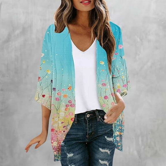 Abomasnow Women's Kimono Cardigans Summer Boho Floral Print Chiffon Cardigans Blouses Loose 3/4 Sleeve Open Front Beach Cover Ups for Women