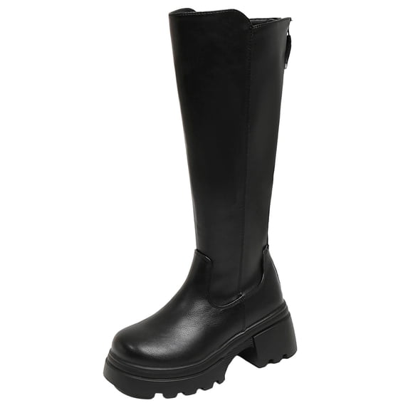 Abomasnow Women's Knee High Boots PU Upper Scalloped Top Edge Rear Zipper Closure Chunky Non‑Slip Sole Knee Height Boots for Daily Outdoor Occasions