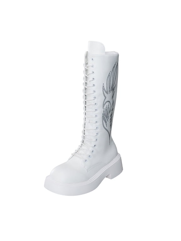 Women's Knee High PU Boots Full Front Lace Up Closure Rhinestone Wing Pattern Sole Block Heel Tall Boots for Street Punk Inspired Fall Winter Outfits