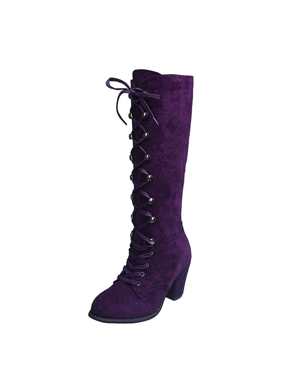 Women's Lace Up Knee High Boots with Chunky Block Heel for Party and Themed Occasions