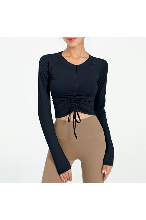 Women’s Long Sleeve Crop Tops Slim Fit Crew Neck Zipper Up Drawstring Ruched Cropped Tops Shirts Blouse