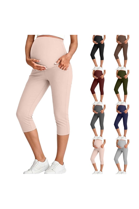 Women's Maternity Pants Elastic High Waisted Over The Belly Pants Casual Workout Yoga Pregnancy Pants with Pockets